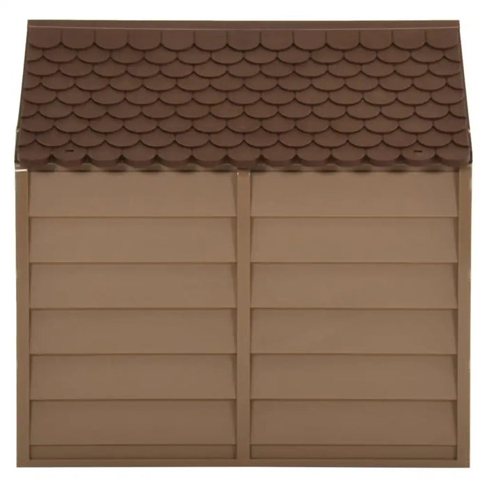 Brown plastic small dog house with shingle-style roof for indoor and outdoor use