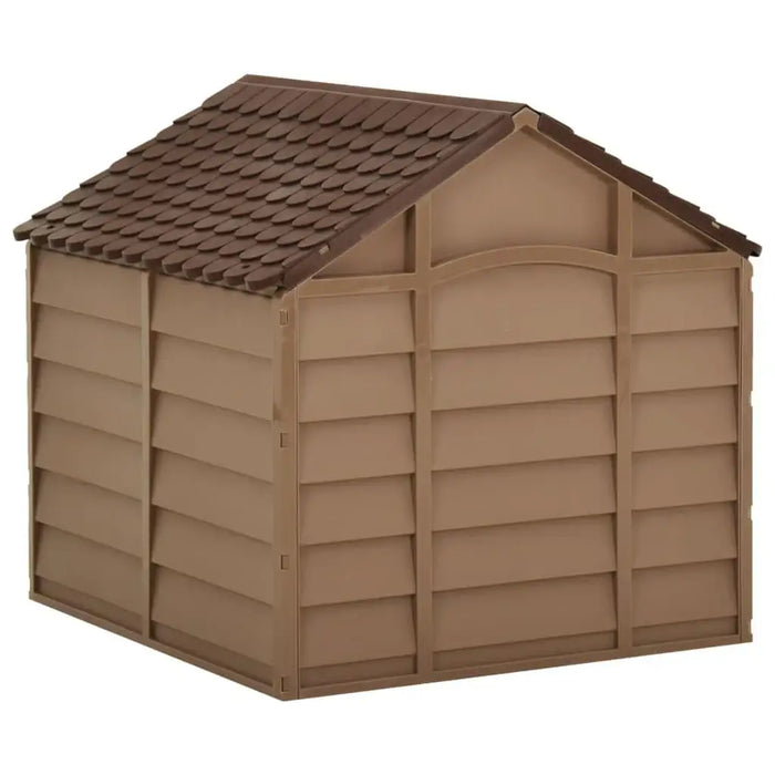 Brown plastic small dog house with sloped roof for indoor or outdoor pet use