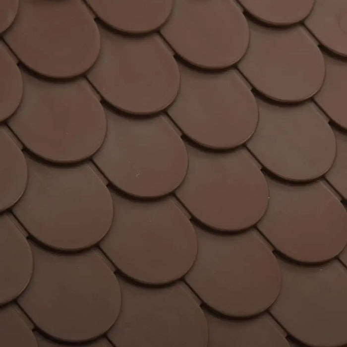 Close-up of brown plastic dog house roof with scale tile pattern