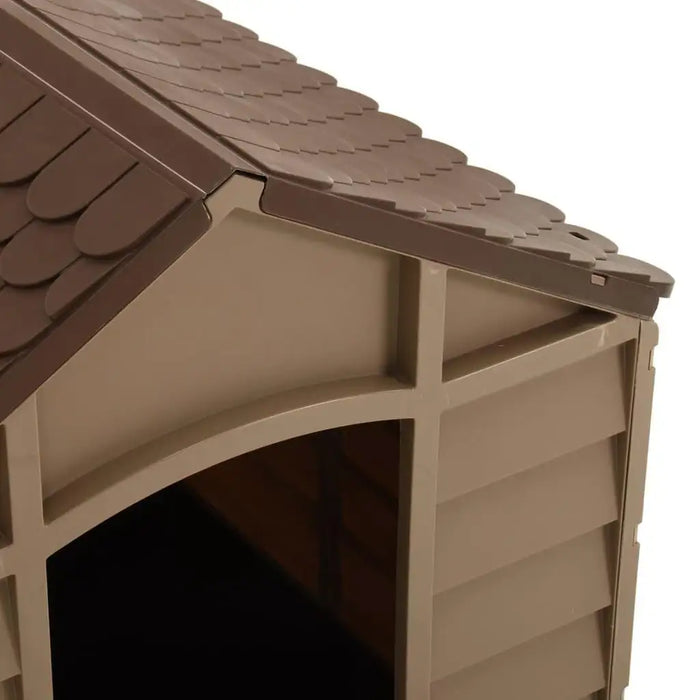 Brown plastic dog house with textured roof for small pets indoor or outdoor use