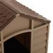 Brown plastic dog house with textured roof for small pets indoor or outdoor use