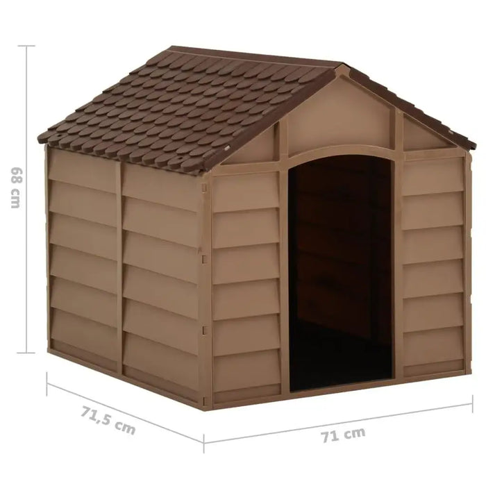 Brown plastic small dog house kennel for indoor or outdoor use, 68x71.5x71 cm
