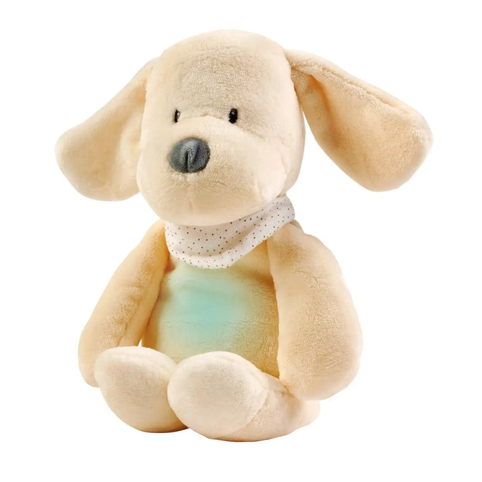 Plush beige stuffed dog toy with floppy ears, wearing a polka dot scarf and glowing blue light on belly