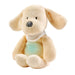 Plush beige stuffed dog toy with floppy ears, wearing a polka dot scarf and glowing blue light on belly