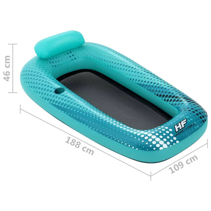 Teal Hydro-Force inflatable mesh floating lounger with cup holder, 188x109x46 cm.