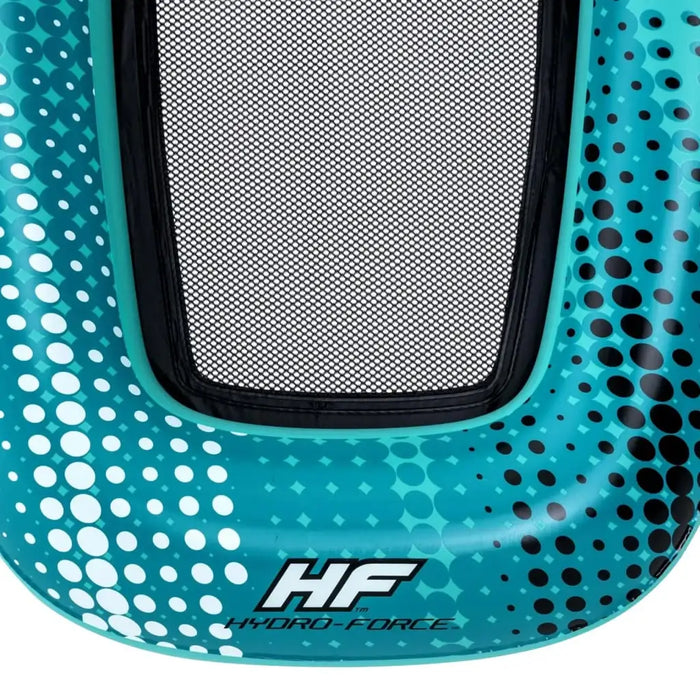 Hydro-Force mesh floating lounger in teal vinyl with polka dot pattern and logo