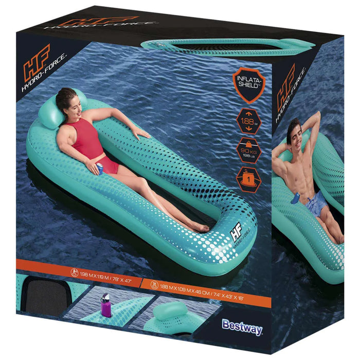 Hydro-Force aqua lounger inflatable float with headrest and cup holder on water, Bestway packaging