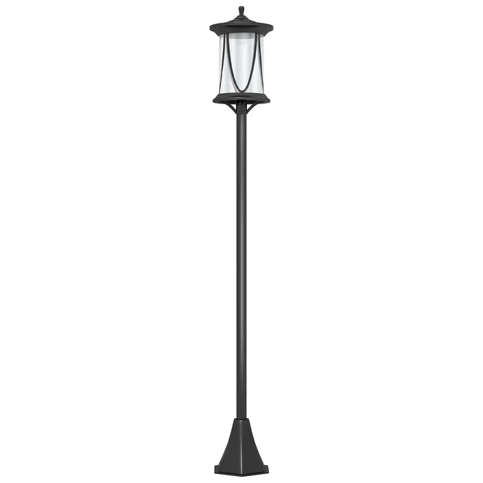 Modern black outdoor street lamp post with lantern-style light fixture and clear glass panels