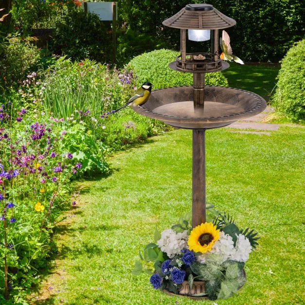 Solar-Powered Bird Bath with LED Lights - Antique | Bird Feeder and Planter Pedestal COSTWAY - Little and Giant Explorers Costway