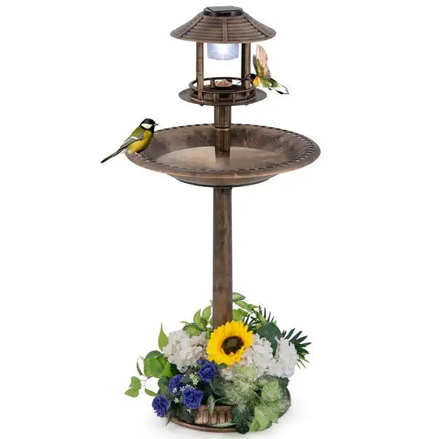 Solar-Powered Bird Bath with LED Lights - Antique | Bird Feeder and Planter Pedestal COSTWAY - Little and Giant Explorers Costway