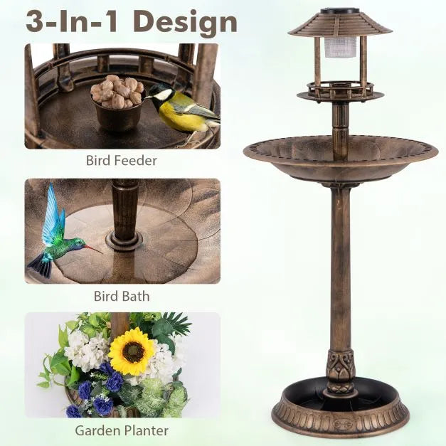 Solar-Powered Bird Bath with LED Lights - Antique | Bird Feeder and Planter Pedestal COSTWAY - Little and Giant Explorers Costway
