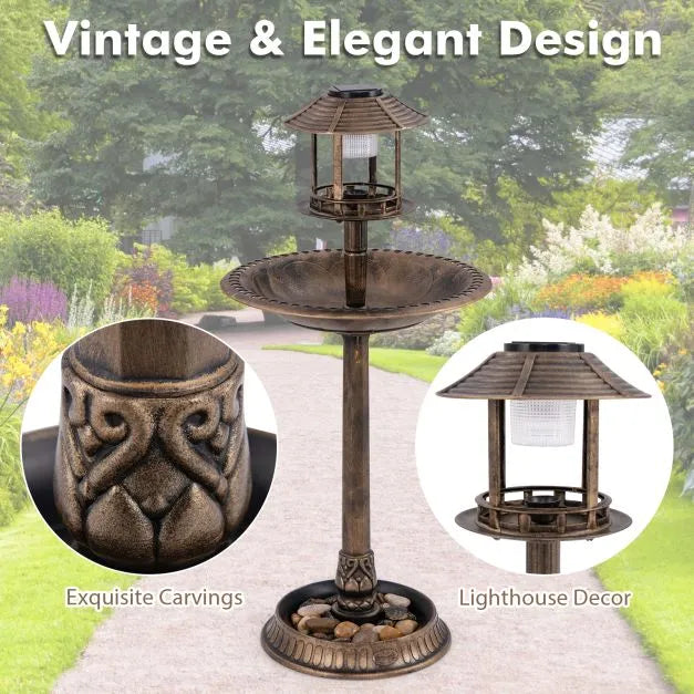 Solar-Powered Bird Bath with LED Lights - Antique | Bird Feeder and Planter Pedestal COSTWAY - Little and Giant Explorers Costway