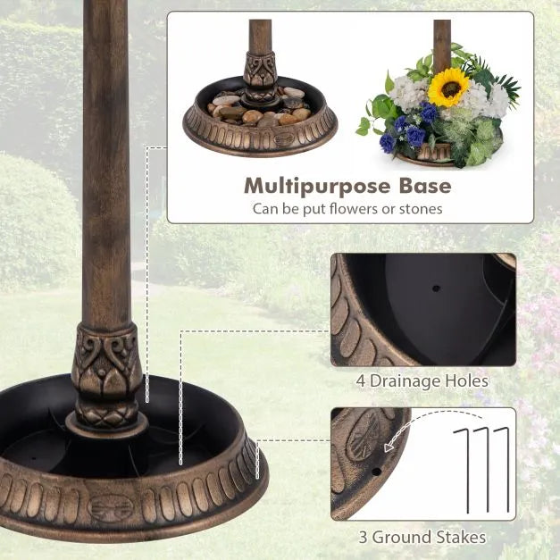 Solar-Powered Bird Bath with LED Lights - Antique | Bird Feeder and Planter Pedestal COSTWAY - Little and Giant Explorers Costway