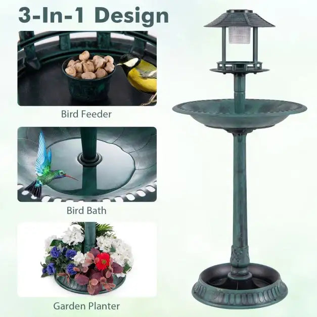 Solar-Powered Bird Bath with LED Lights - Bronze | Bird Feeder and Planter Pedestal COSTWAY - Little and Giant Explorers Costway