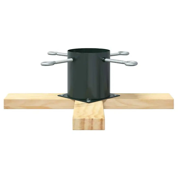 Black metal Christmas tree stand with four tightening screws on wooden cross base