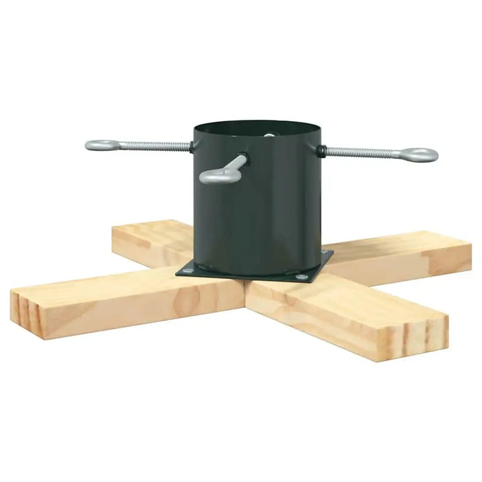 Black metal Christmas tree stand with wooden cross base and silver tightening screws