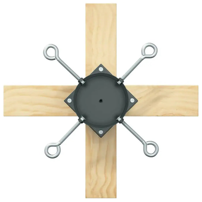 Black metal Christmas tree stand mounted on crossed wooden planks with four spring-loaded clamps