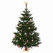 Decorated Christmas tree with green needles, gold star topper, and multicolored baubles with gold bead garland