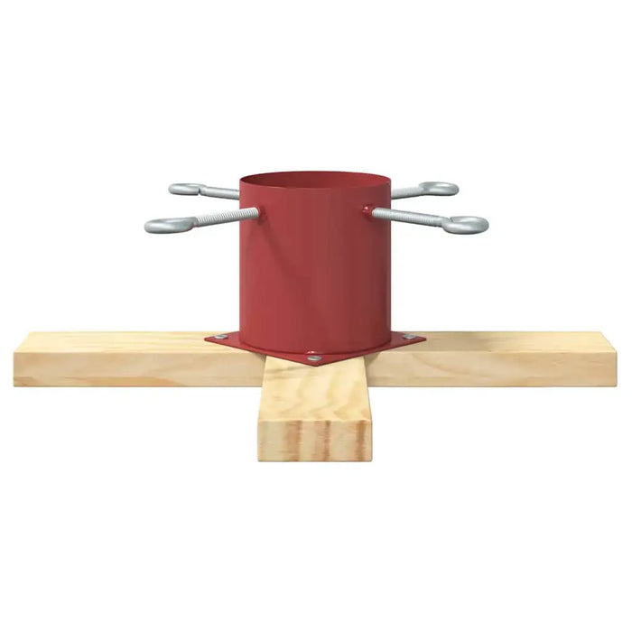 Red metal Christmas tree stand with four metal tightening bolts on wooden cross base