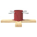 Red metal Christmas tree stand with four metal tightening bolts on wooden cross base