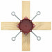 Overhead view of wooden cross with a red metal clamp secured by four adjustable metal eye bolts