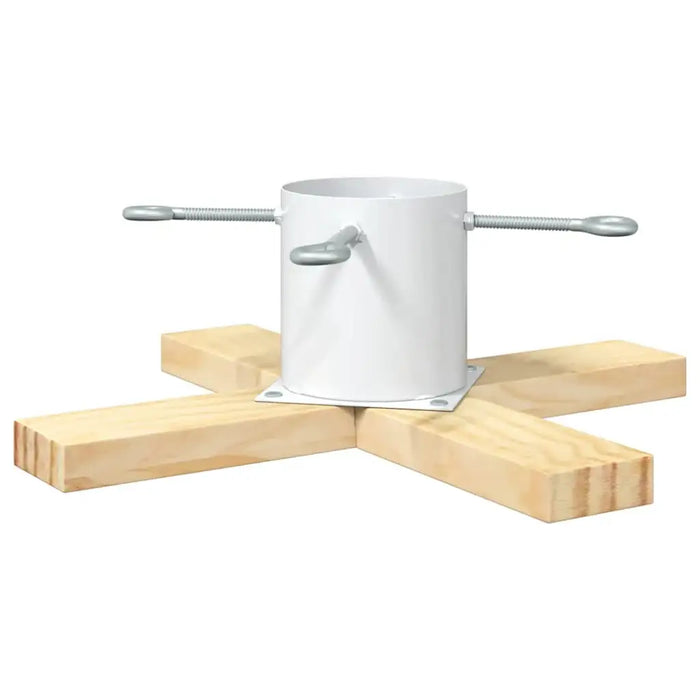 White metal Christmas tree stand with wooden cross base and tightening screws on white background