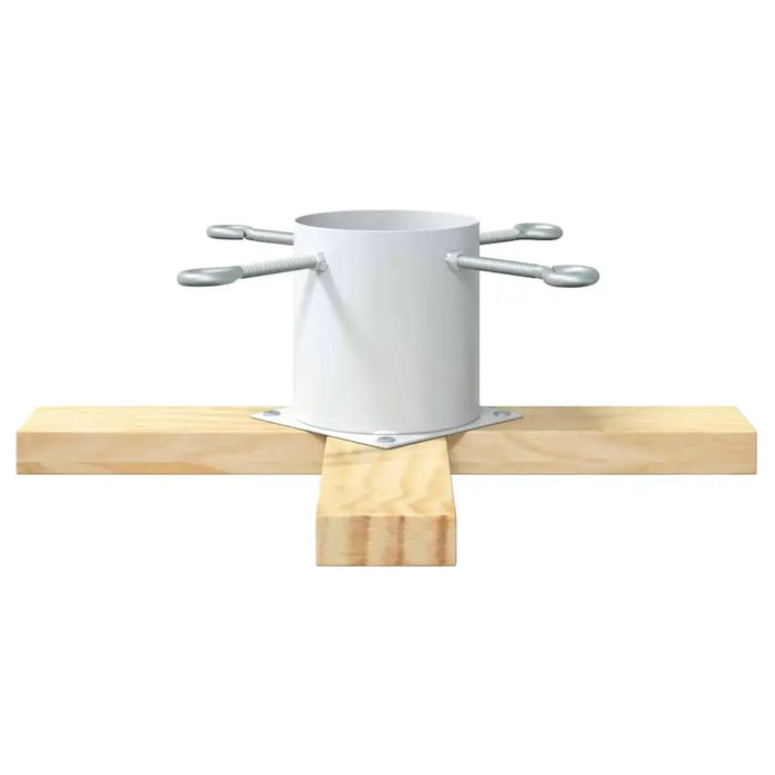 White metal Christmas tree stand with screws on crossed wooden planks on white background