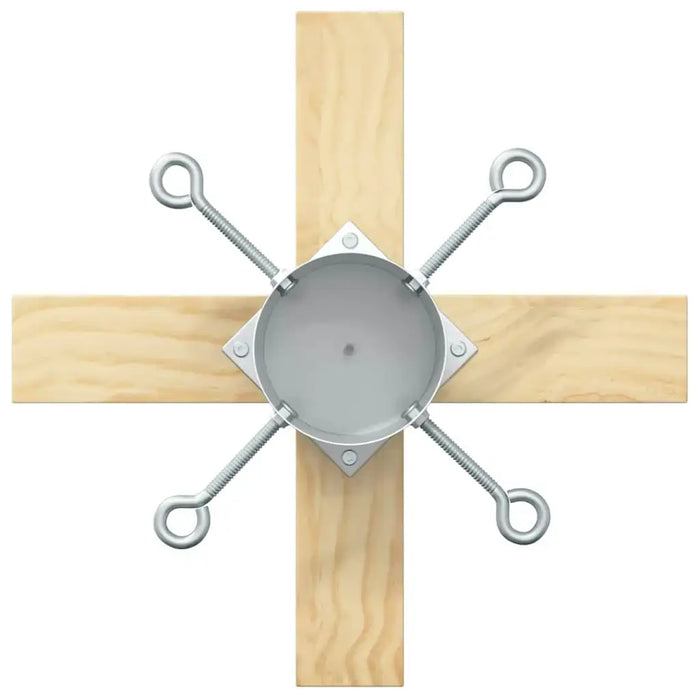 Metal mounting bracket with eye bolts attached to crossed wooden beams