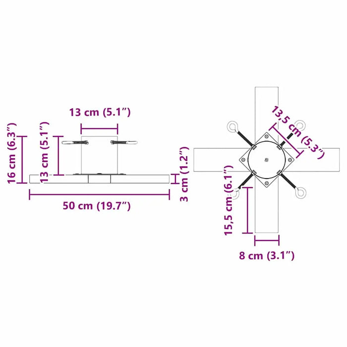 Technical diagram with detailed measurements in cm and inches of a rectangular mechanical component with fixtures