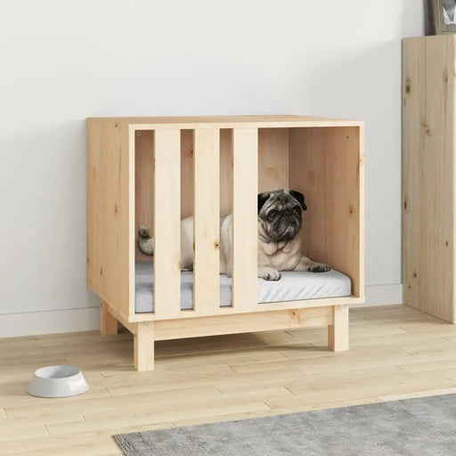 Solid pine wood dog house with minimalist design and small dog inside, modern indoor setting