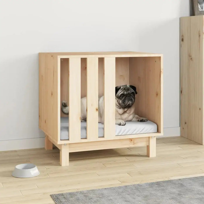 Solid pine wood dog house with minimalist design and small dog inside, modern indoor setting