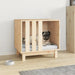 Solid pine wood dog house with minimalist design and small dog inside, modern indoor setting