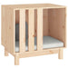 Solid pine wood dog house with rustic minimalist design and gray cushion for small dogs