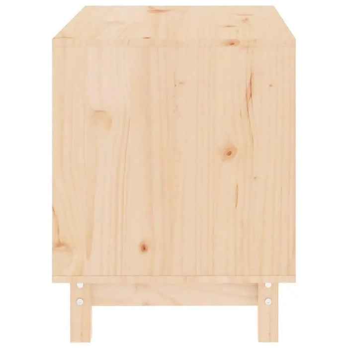 Front view of a solid pine wood minimalist dog house with rustic finish on white background
