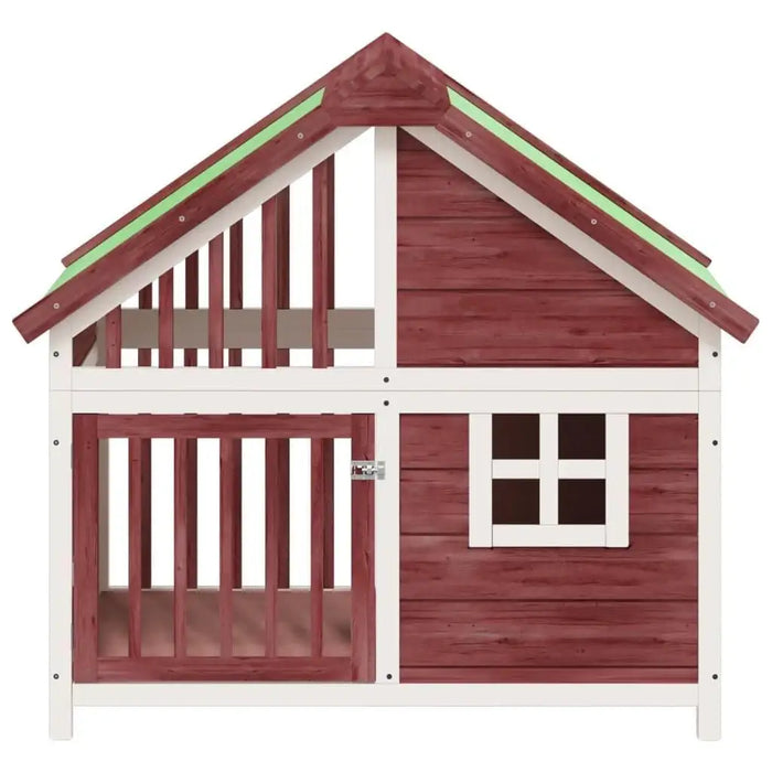 Solid pine wood dog kennel with window and water-resistant roof, outdoor pet house