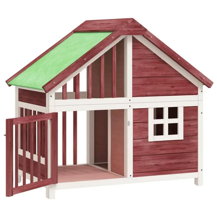 Solid pine wood outdoor dog kennel with green water-resistant roof and open door