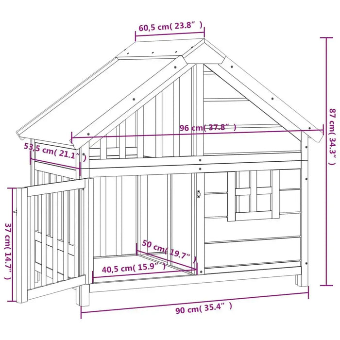 Solid pine wood dog kennel dimensions diagram, outdoor pet house with water-resistant roof.