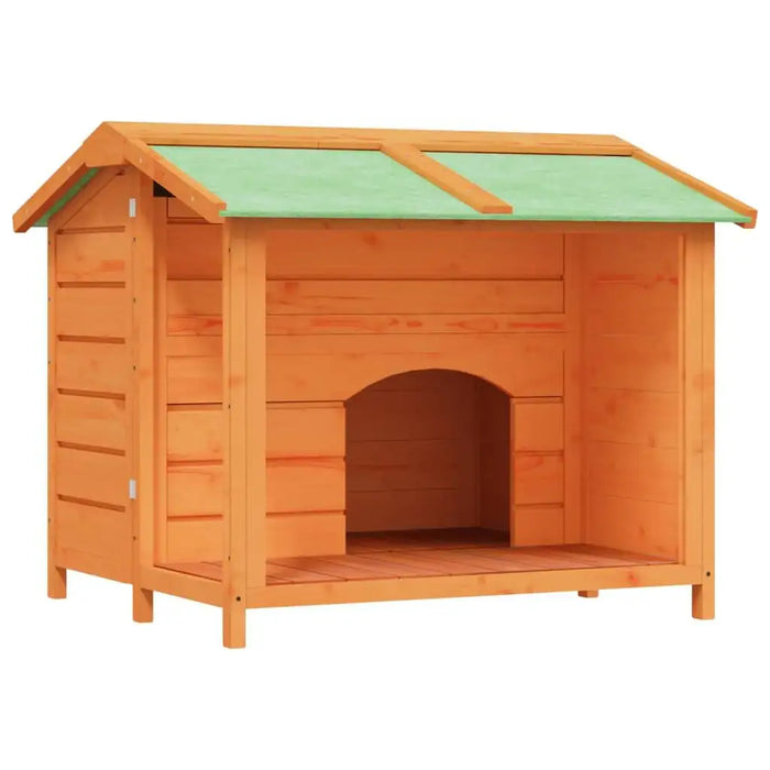 Solid pine wood dog kennel with green roof, rustic outdoor shelter for pets