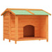 Solid pine wood dog kennel with green roof, rustic outdoor shelter for pets