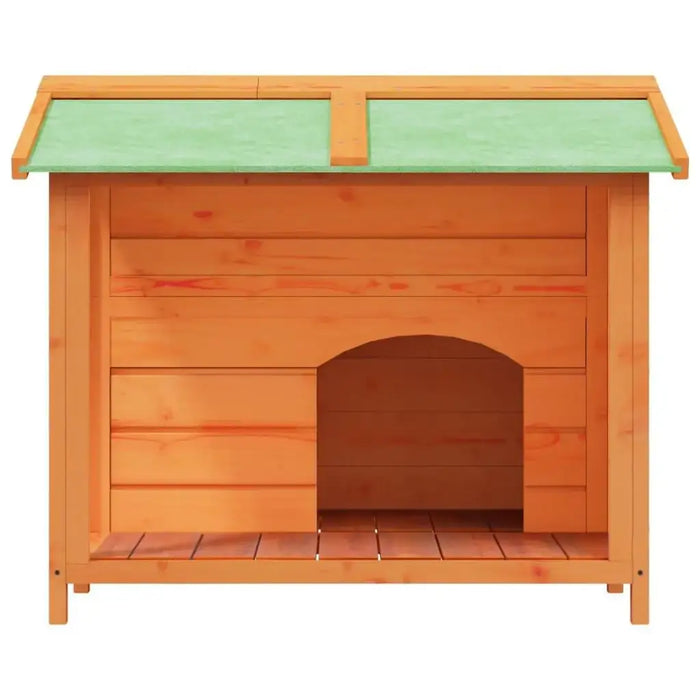 Solid pine wood dog kennel with green roof, rustic pet shelter for dogs and cats