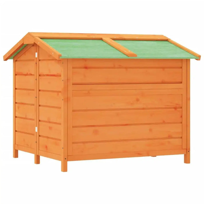 Solid pine wood dog kennel with green roof, rustic outdoor shelter for pets