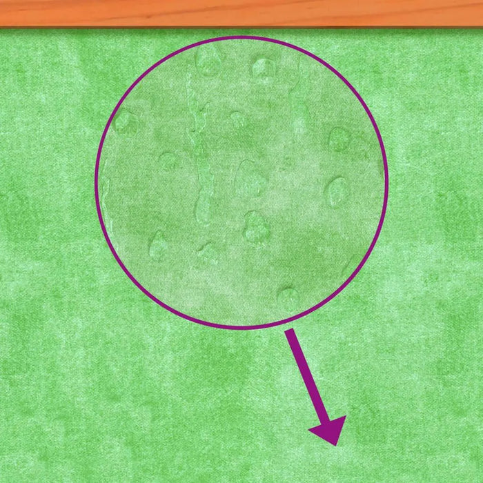 Close-up of light green surface with water spots, highlighted by a purple magnifying circle.