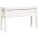 White solid pine wood garden planter box with raised rectangular design and four legs.