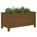 Solid pinewood garden planter in honey brown with green plants and flowers