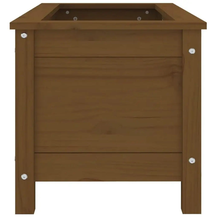 Solid pinewood garden planter in honey brown with visible metal bolts, on white background