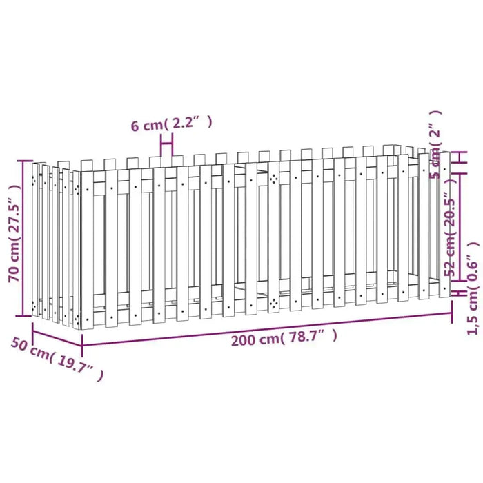 Solid pinewood garden raised bed with slatted fence design and detailed dimensions