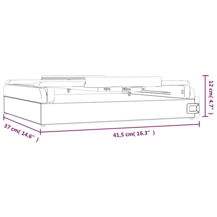 Line drawing of a solid pinewood table top easel with built-in storage, showing dimensions 41.5 x 37 x 12 cm.