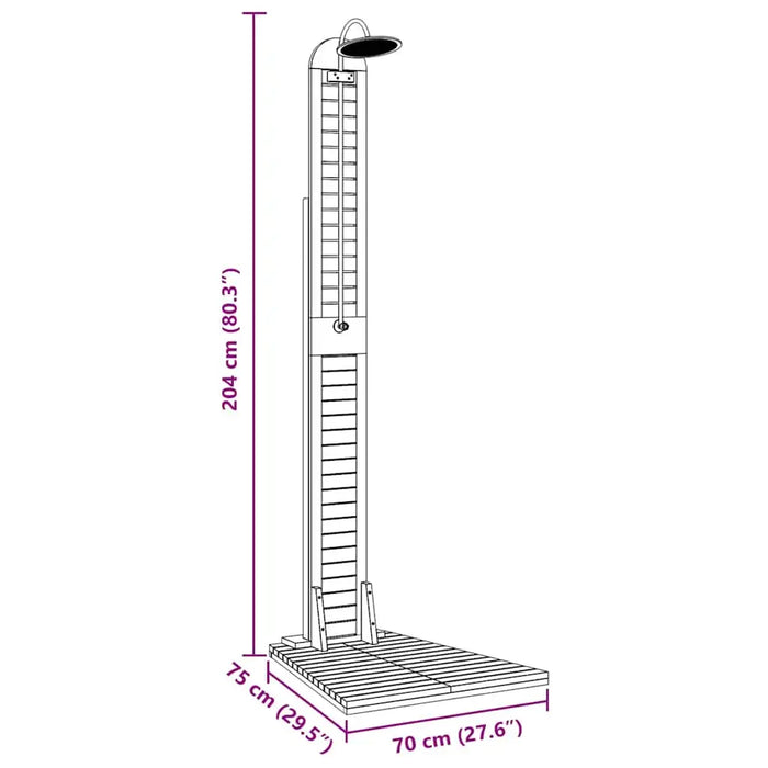 Solid teak outdoor garden shower with stainless steel fixtures, dimensions diagram
