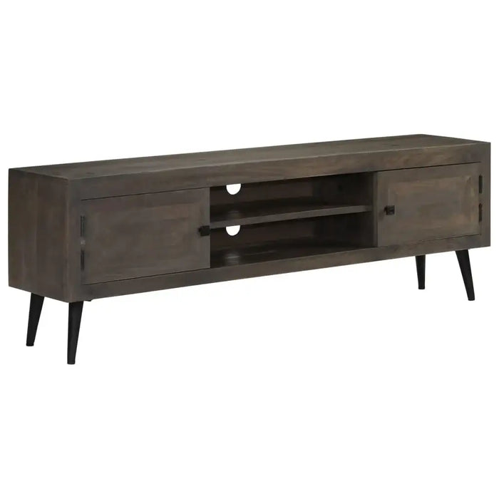 Mid-century modern dark wood TV stand with two cabinets, open shelves, and black tapered legs