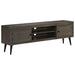 Mid-century modern dark wood TV stand with two cabinets, open shelves, and black tapered legs